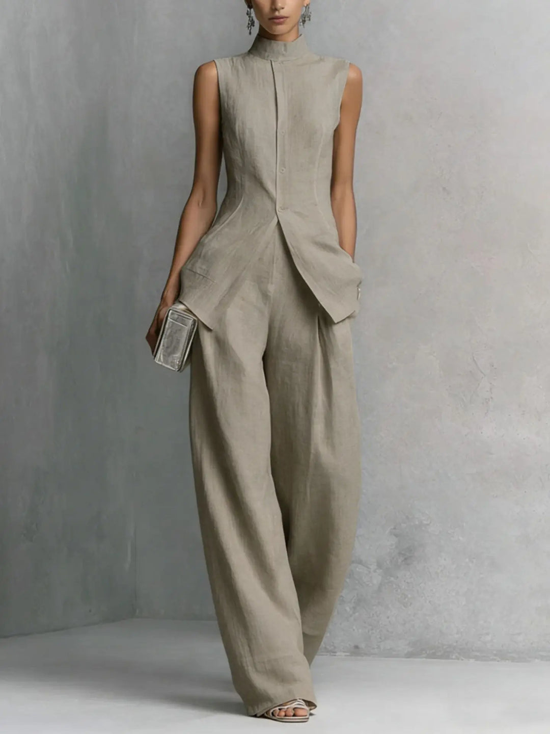Chic sleeveless high neck wide leg jumpsuit for women. Modern one-piece style, ideal for office or events.