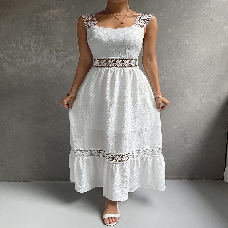 Elegant women's sleeveless maxi dress with floral lace trim & square neck. Perfect for summer/spring evenings.