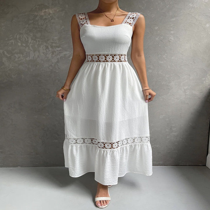 Elegant women's sleeveless maxi dress with floral lace trim & square neck. Perfect for summer/spring evenings.