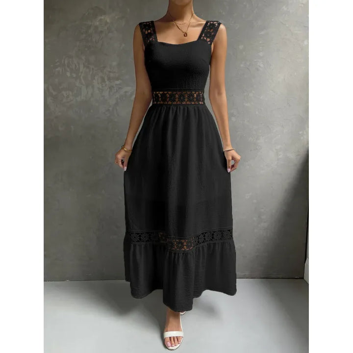 Stylish women's sleeveless ankle-length maxi dress with intricate floral lace trim & chic square neck design.