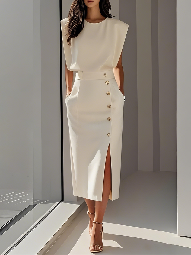 Elegant women's sleeveless midi dress with a chic side slit & gold button details.