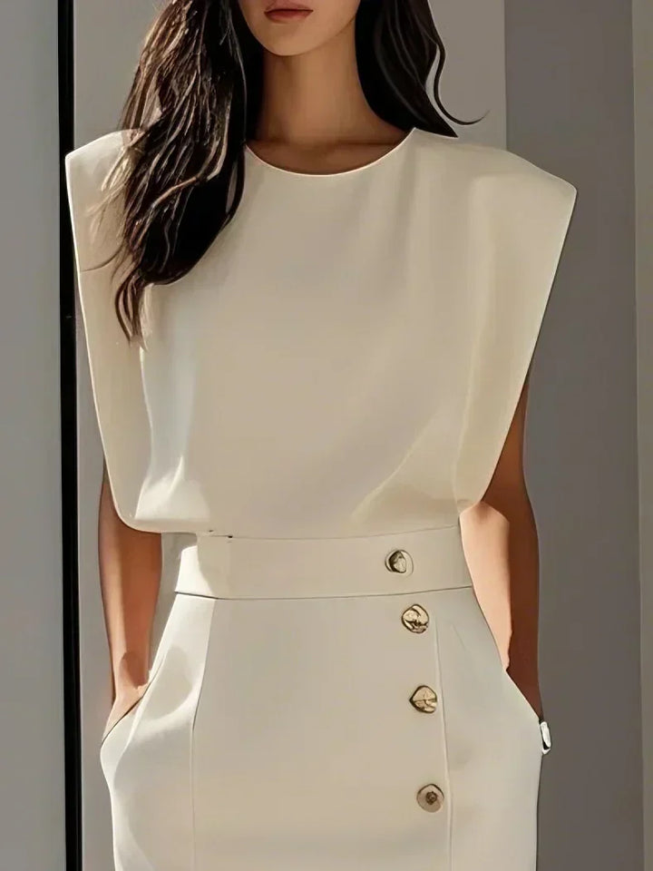 Professional women's midi dress, sleeveless, with a tasteful side slit for office wear.