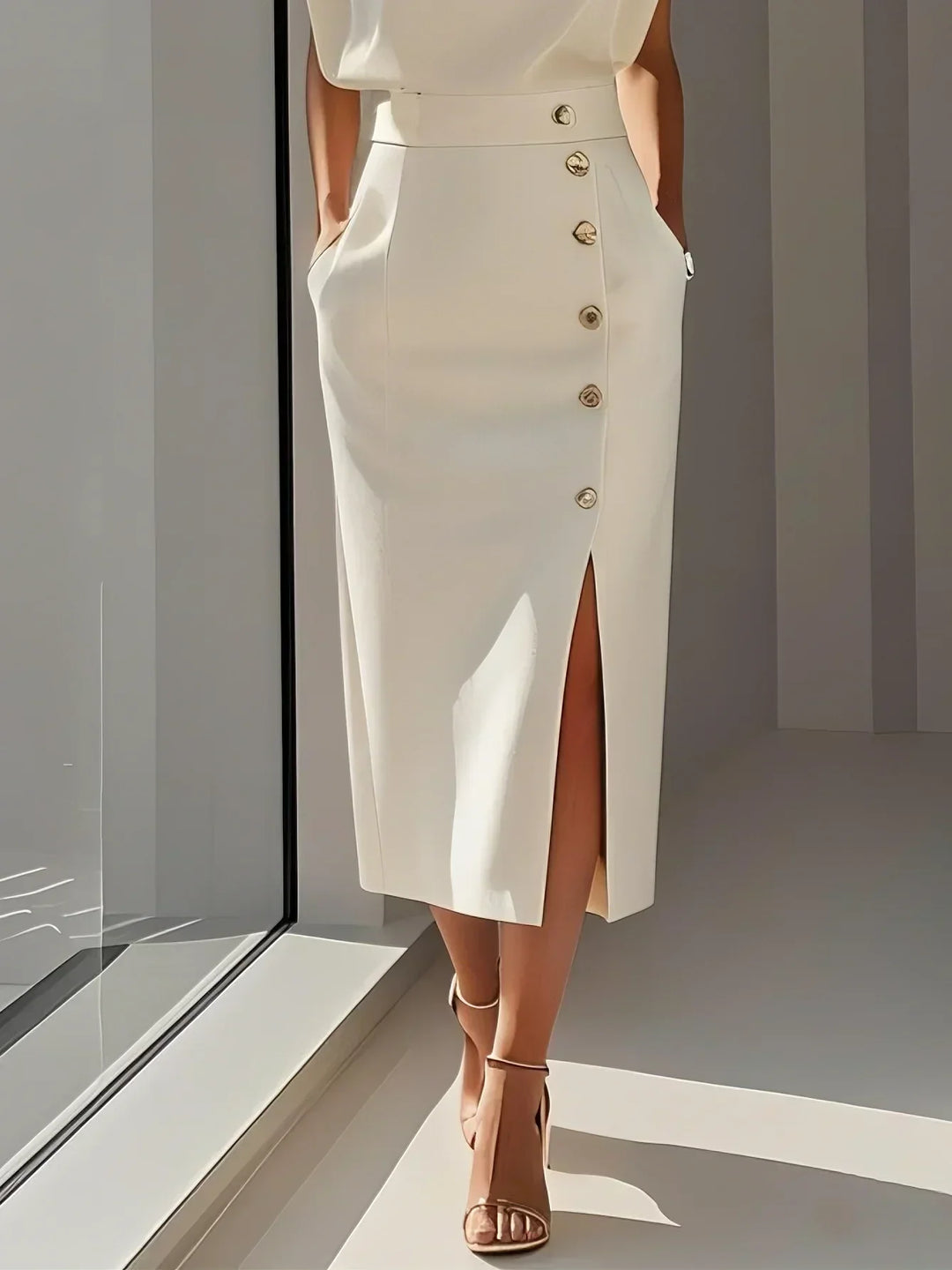 Classic sleeveless midi dress for women, offering an elegant look with slit & gold buttons.