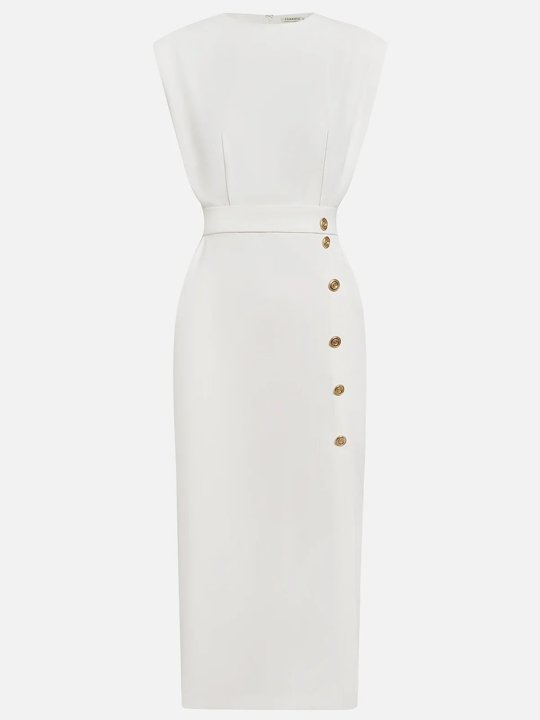 Flattering sleeveless midi dress for women, showcasing a stylish slit & gold button details.
