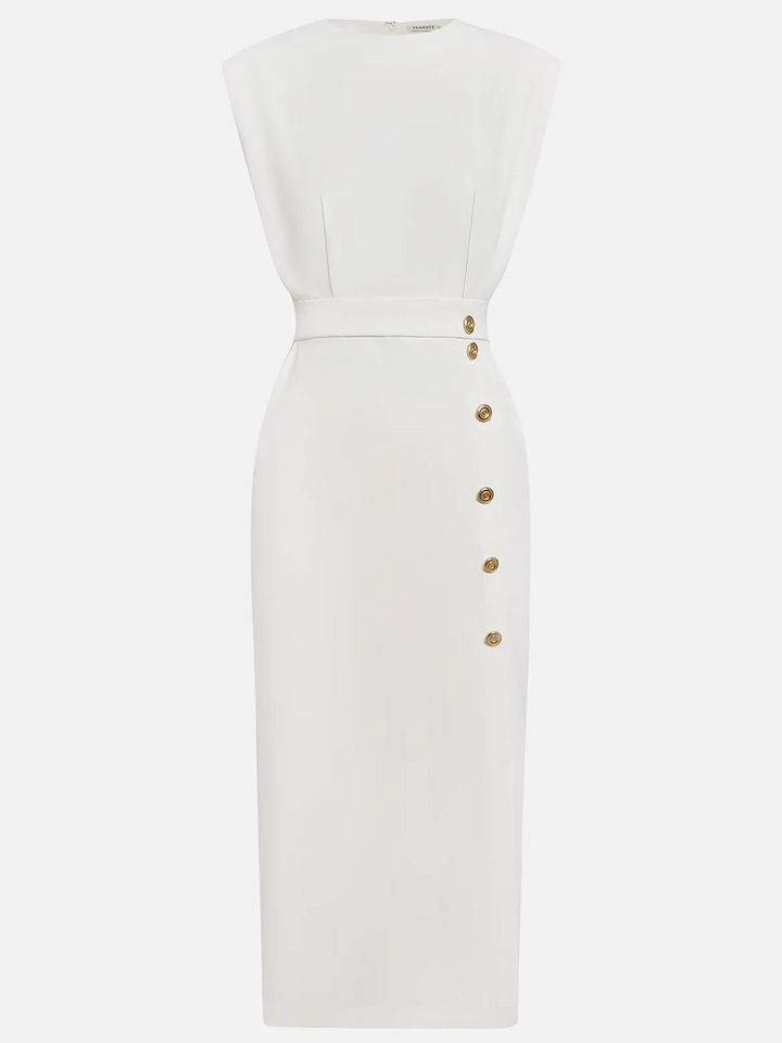 Flattering sleeveless midi dress for women, showcasing a stylish slit & gold button details.