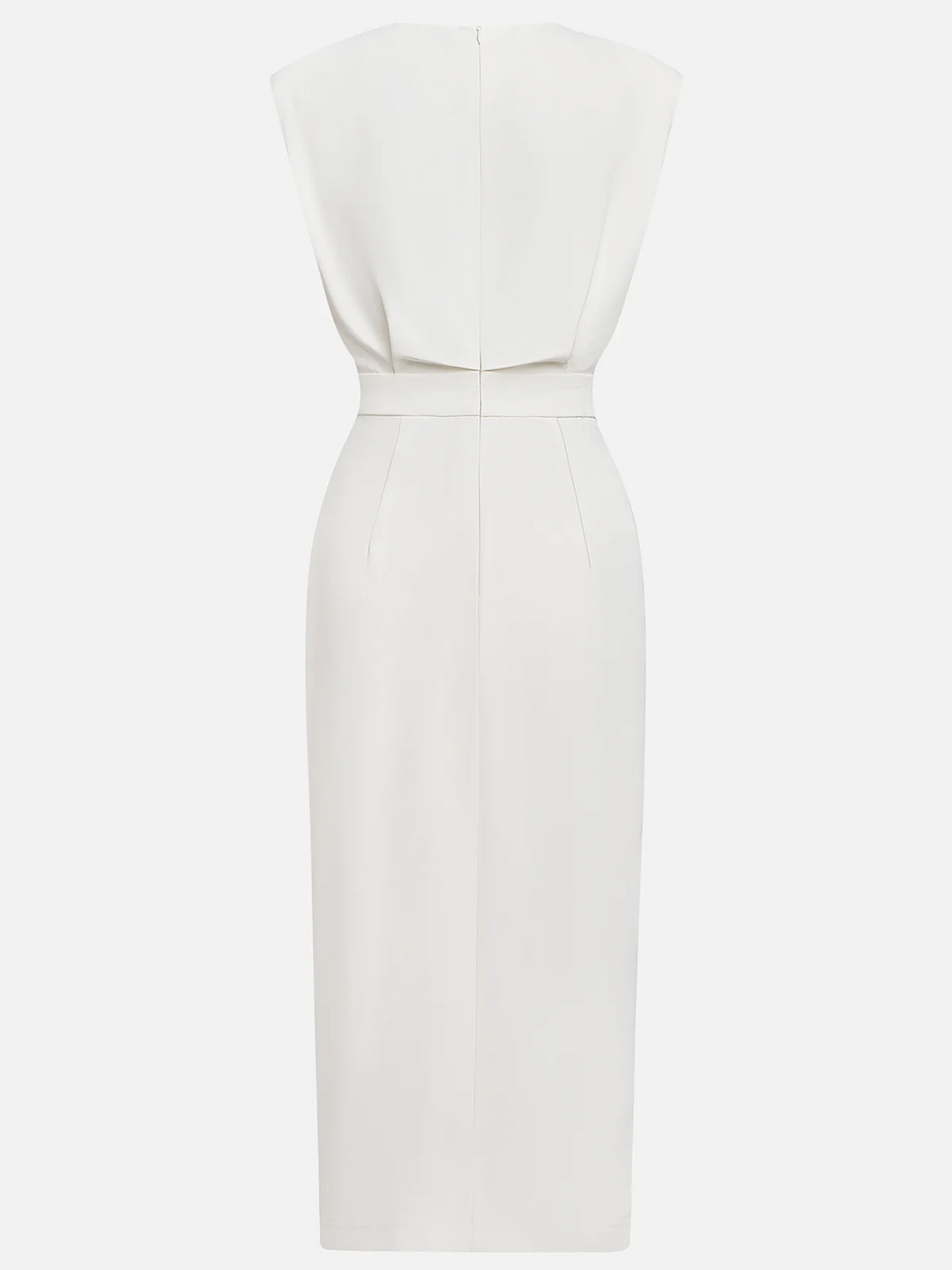 Cocktail-ready women's sleeveless midi dress, with an eye-catching slit and gold buttons.