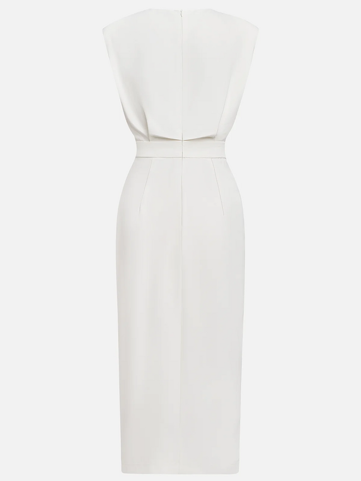 Cocktail-ready women's sleeveless midi dress, with an eye-catching slit and gold buttons.