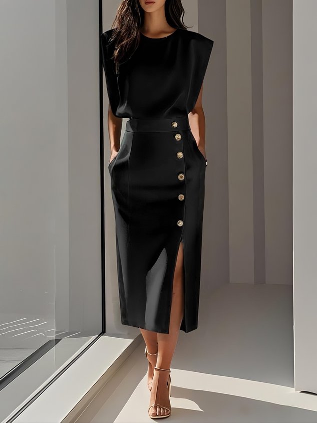 Sophisticated sleeveless midi dress for women, featuring a tailored fit & gold buttons.