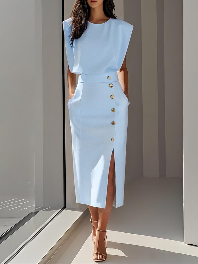 Chic women's midi dress, sleeveless, with an elegant side slit & decorative gold buttons.