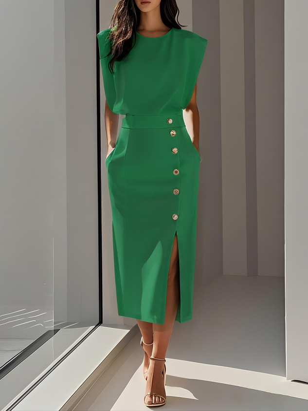 Versatile sleeveless midi dress, perfect for women's workwear or cocktail events.