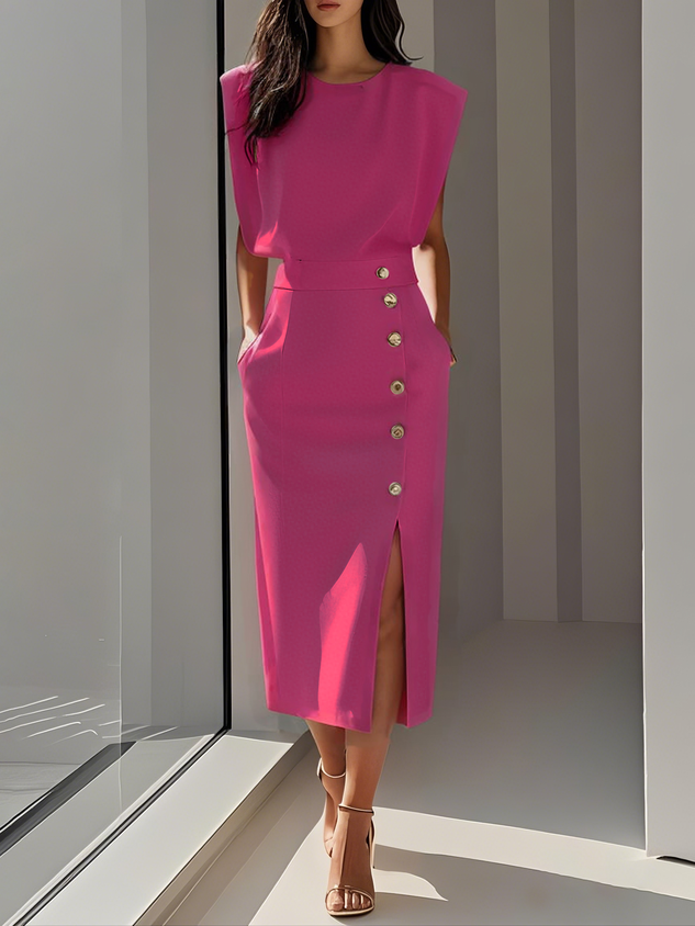 Party-ready sleeveless midi dress for women, designed with a sophisticated slit.
