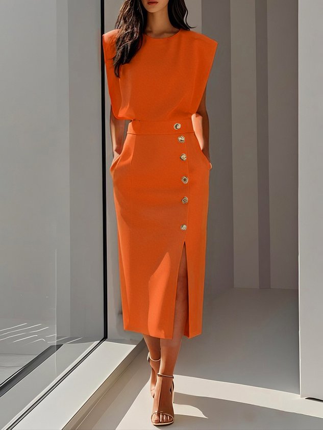 Sleek sleeveless midi dress for women, featuring a modern slit and gold button embellishments.