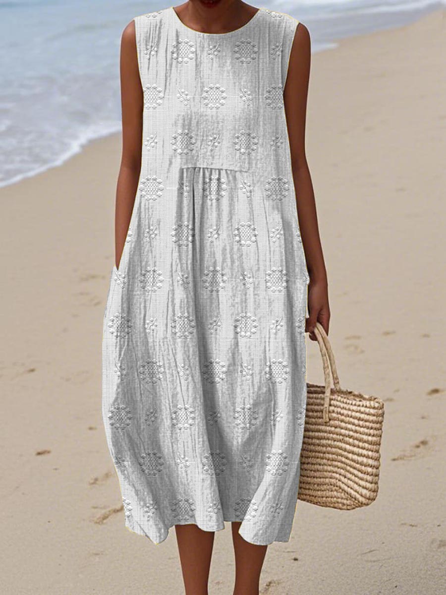 Versatile women's sleeveless midi dress, elegant round neck for spring and summer evenings or resort trips.