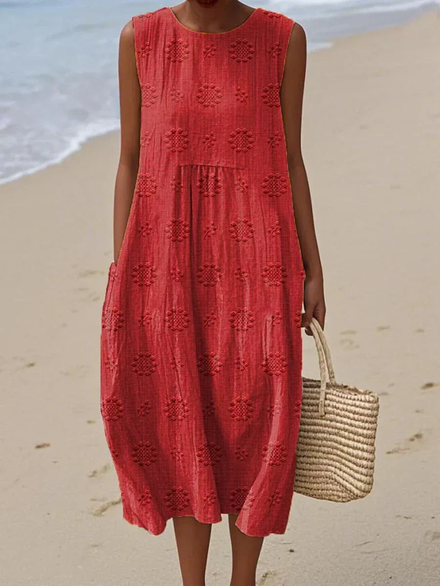 Chic sleeveless midi dress for women, round neck design. Perfect comfortable and elegant casual wear for any day.