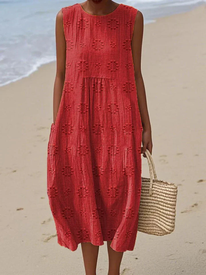Chic sleeveless midi dress for women, round neck design. Perfect comfortable and elegant casual wear for any day.