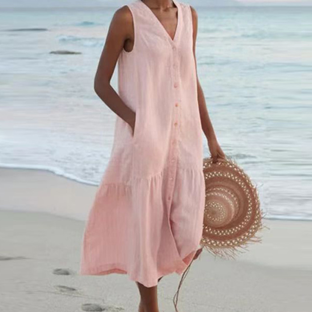 Versatile women's V-neck sleeveless midi dress, button-front design, ideal for day wear or elegant summer occasions.