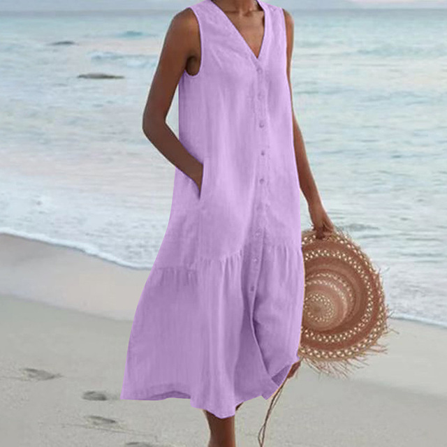 Chic women's sleeveless summer dress, midi length, with a classic button-front and a comfortable, elegant V-neck.