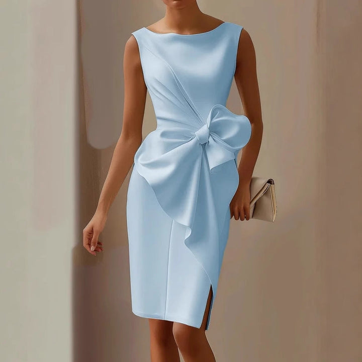 Chic boat neck sleeveless mini dress for women, featuring an elegant waist tie, perfect as a party or evening dress.