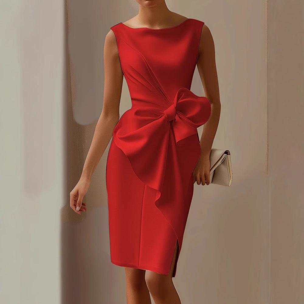 Comfortable and elegant women's short sleeveless dress with a stylish waist tie, suitable for summer fashion & events.