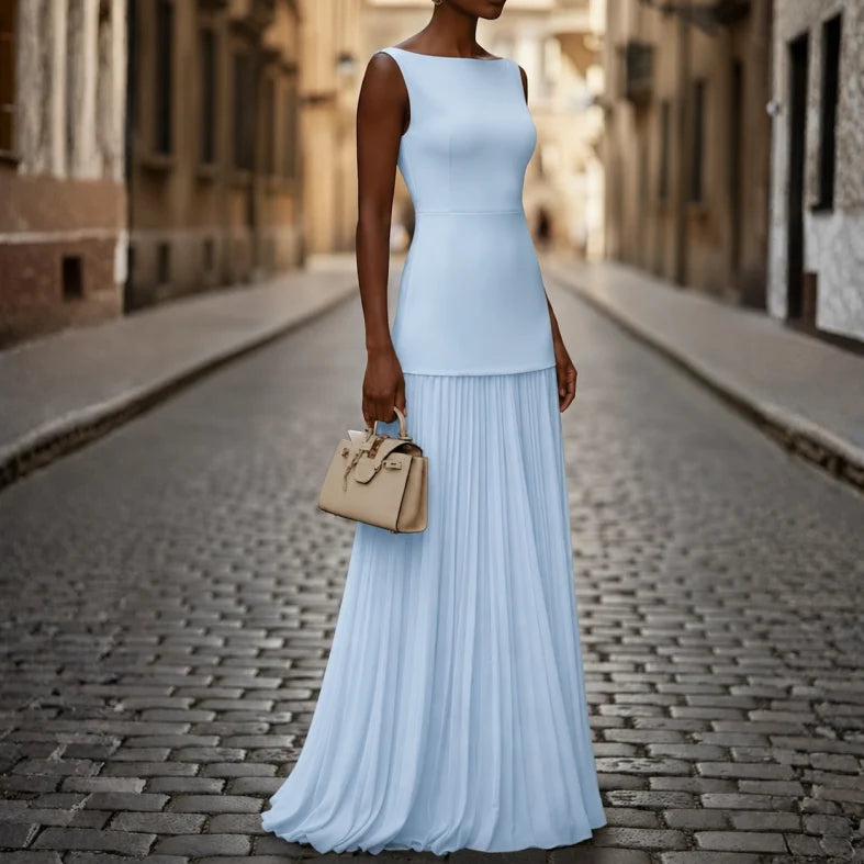 Elegant women's sleeveless pleated maxi dress with boat neck, perfect for special occasions & formal events.