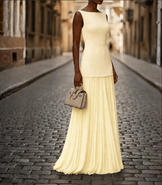 Women's formal pleated maxi dress, sleeveless, ideal evening gown or party dress for special occasions.