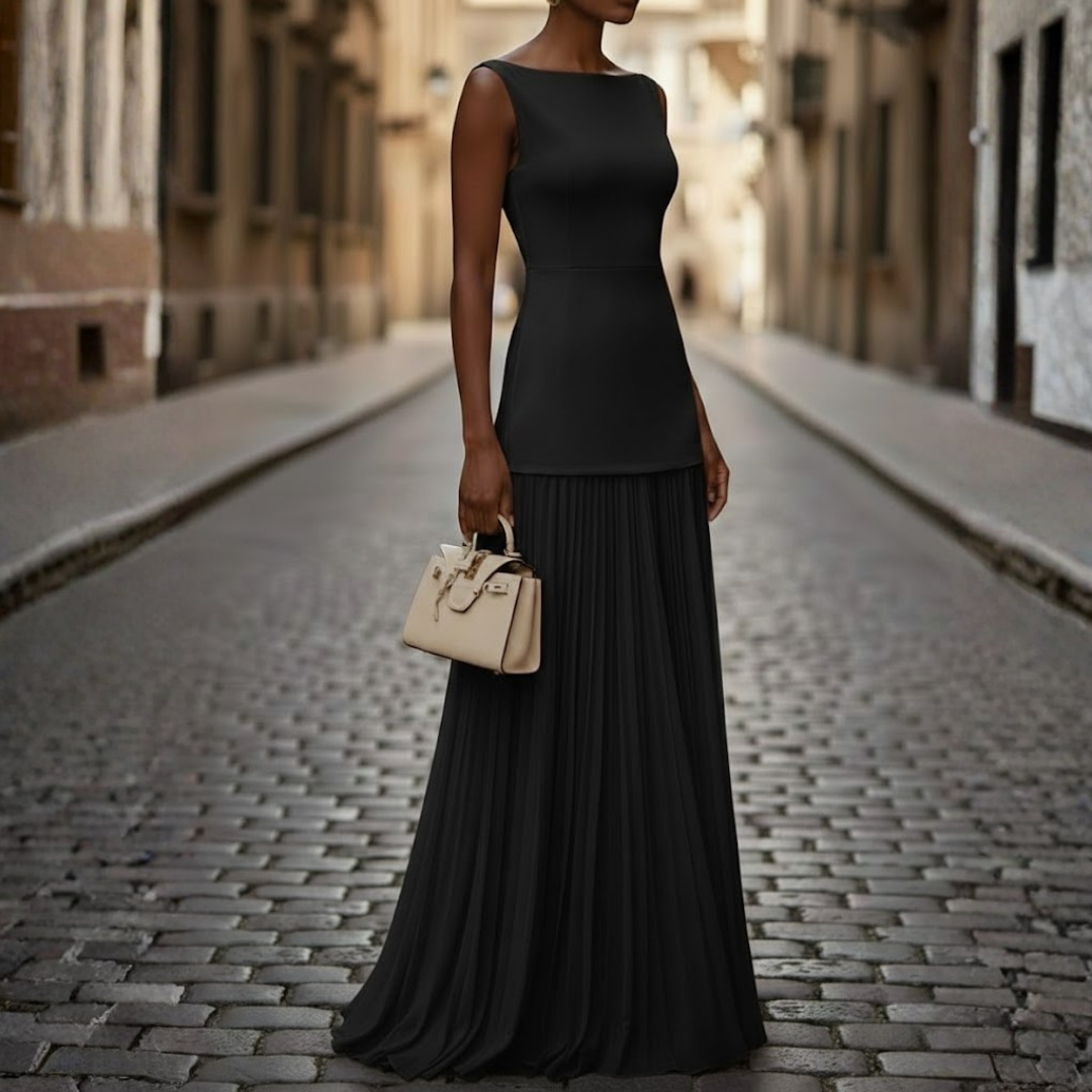 Stylish women's sleeveless maxi dress with delicate pleats & elegant boat neck. Perfect formal occasion wear.