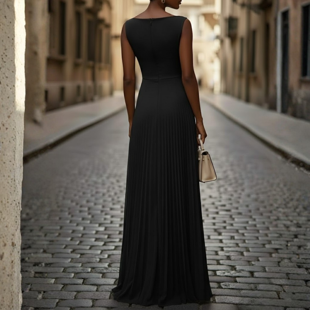 Ladies' elegant sleeveless pleated maxi dress. Formal boat neck evening gown, perfect for special occasions.
