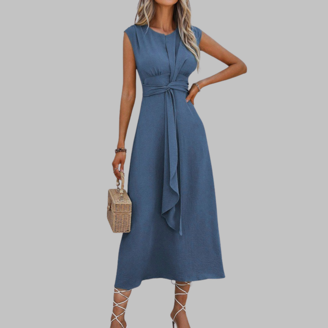 Chic black women's sleeveless maxi dress with a sophisticated round neck, comfortable and flowy for any occasion.