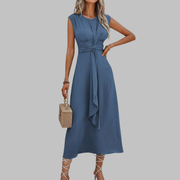 Chic black women's sleeveless maxi dress with a sophisticated round neck, comfortable and flowy for any occasion.