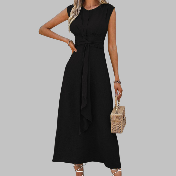 Black elegant women's maxi dress, sleeveless and round neck, offering a comfortable, flowy silhouette for any event.