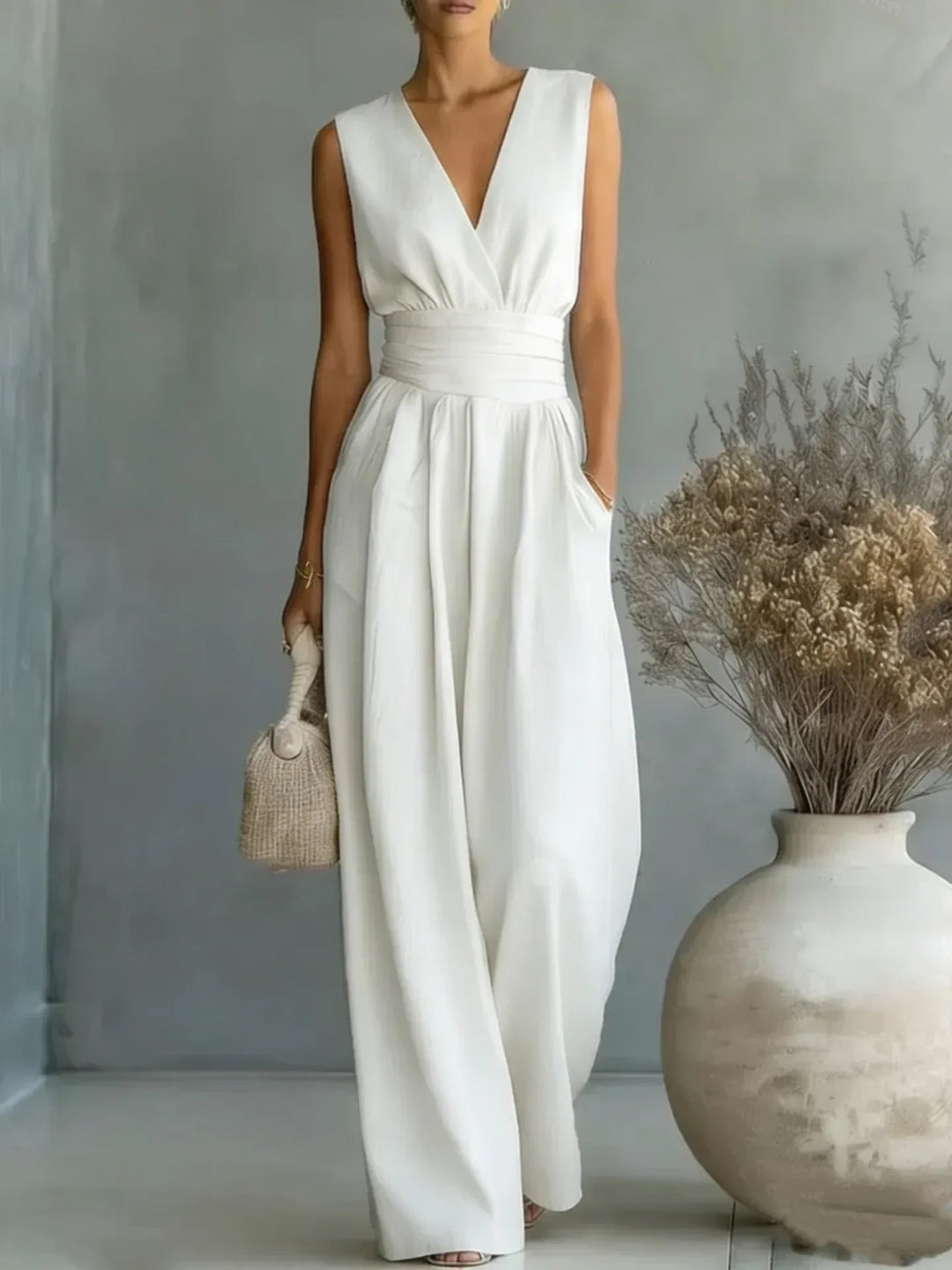 Women's elegant one-piece sleeveless V-neck wide-leg jumpsuit for a flattering fit, great for summer events.
