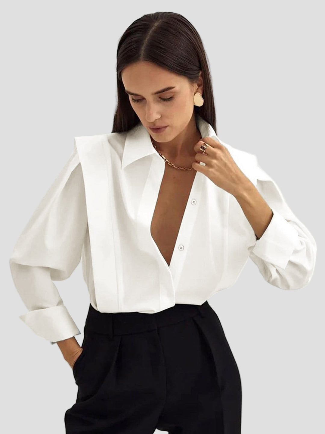 Elegant women's square neck button-down blouse with long sleeves, perfect for work or casual chic style.