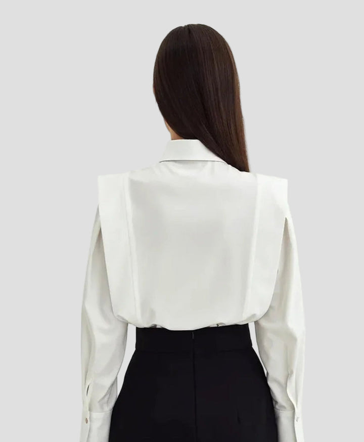 Versatile women's square neck button-down top, an elegant long sleeve blouse for office or casual wear.