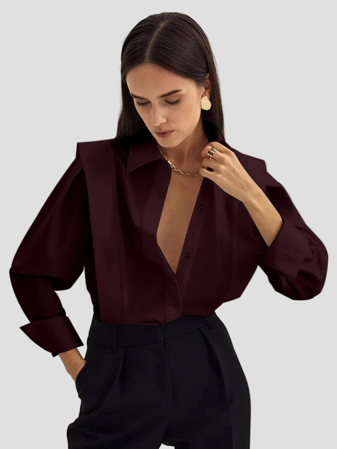 Elegant women's square neck long sleeve button-down blouse; a versatile top for work, casual, and fashion.