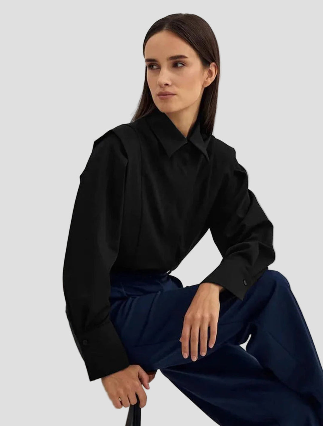 Fashionable women's square neck button-down blouse. Elegant long sleeve top, perfect for work or casual wear.
