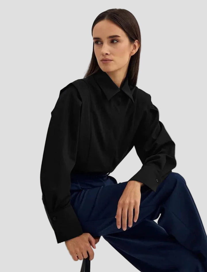 Fashionable women's square neck button-down blouse. Elegant long sleeve top, perfect for work or casual wear.