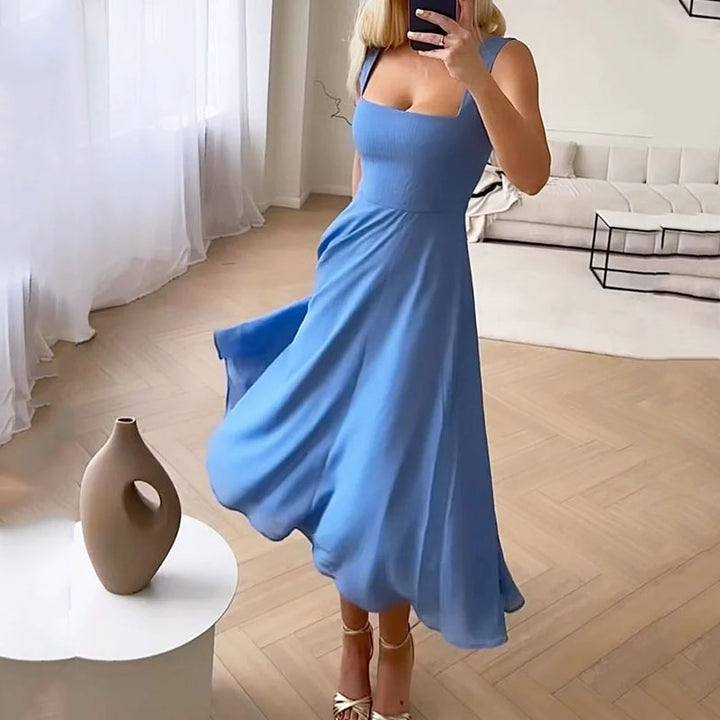 Elegant women's square neck midi dress, perfect for cocktail parties & special occasions. Chic sleeveless design.