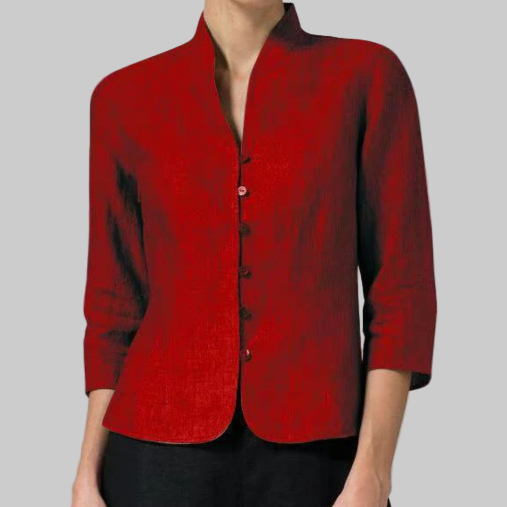 Tailored women's stand collar blouse with three-quarter sleeves, a versatile top for workwear and everyday style.