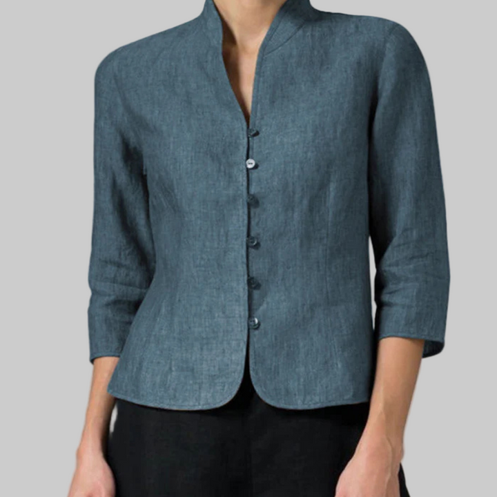 Sophisticated women's button-front blouse featuring a stand collar and chic three-quarter sleeves for a polished look.