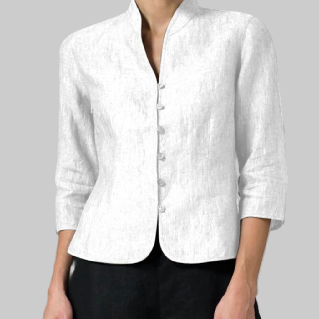 Polished women's stand collar top with three-quarter sleeves, ideal for professional workwear and elegant outfits.