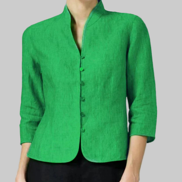 Comfortable women's stand collar blouse with three-quarter sleeves, a versatile tailored shirt for smart casual.