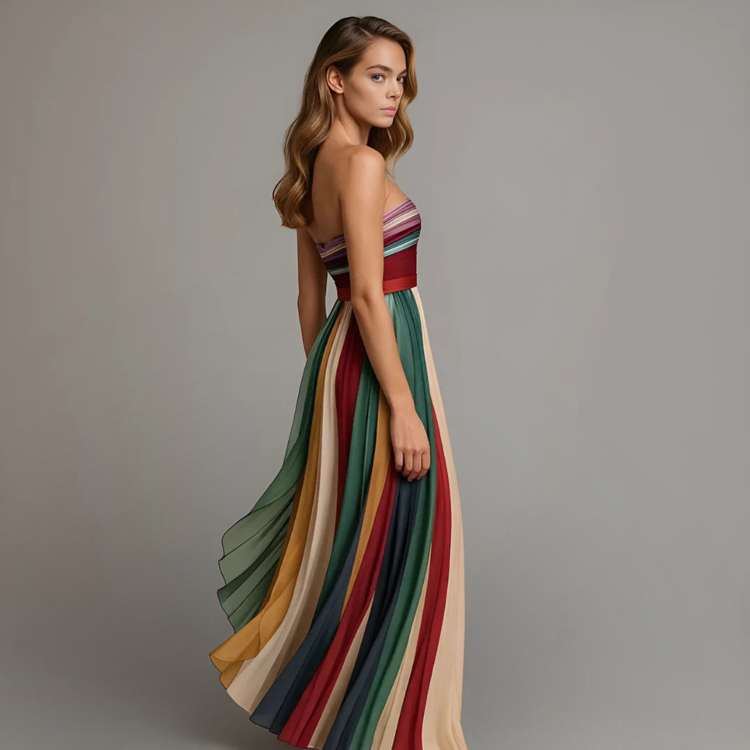 Stunning women's colorblock pleated strapless maxi dress, an elegant choice for special occasion parties.