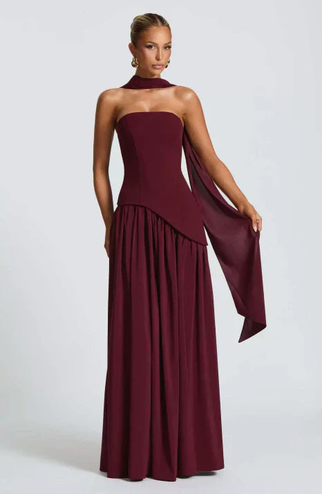 Elegant women's strapless maxi dress, flowing formal gown perfect for evening events & wedding guests.