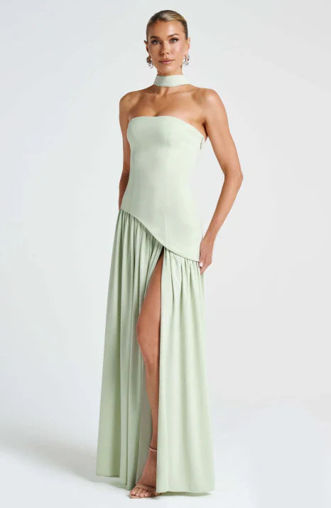Beautiful women's strapless maxi dress, a graceful flowing formal evening gown.