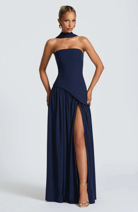 Versatile women's strapless maxi dress, elegant flowing formal gown suitable for wedding guests & party events.