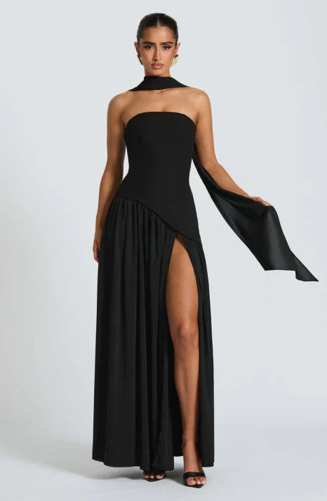 Sophisticated women's strapless maxi dress, a flowing formal gown perfect as an evening or wedding guest dress.