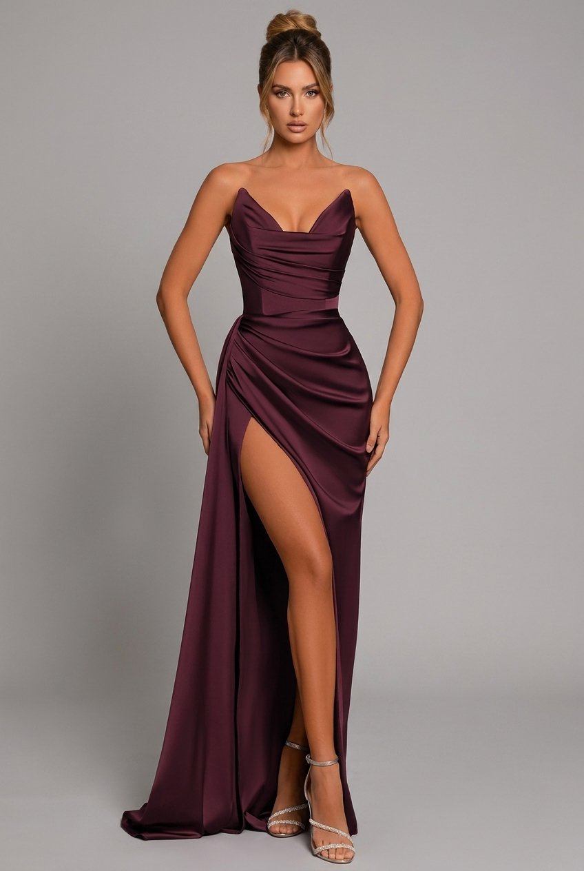 Elegant women's strapless maxi dress with ruched bodice, perfect for formal events & evening parties.