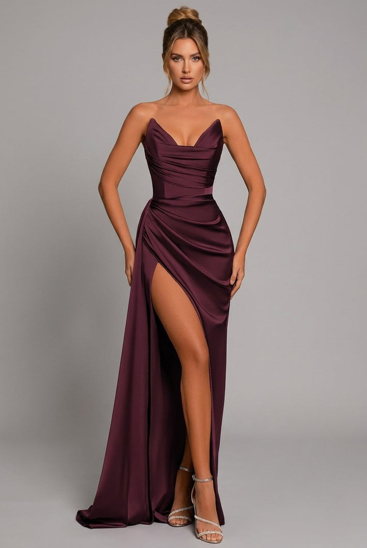 Elegant women's strapless maxi dress with ruched bodice, perfect for formal events & evening parties.