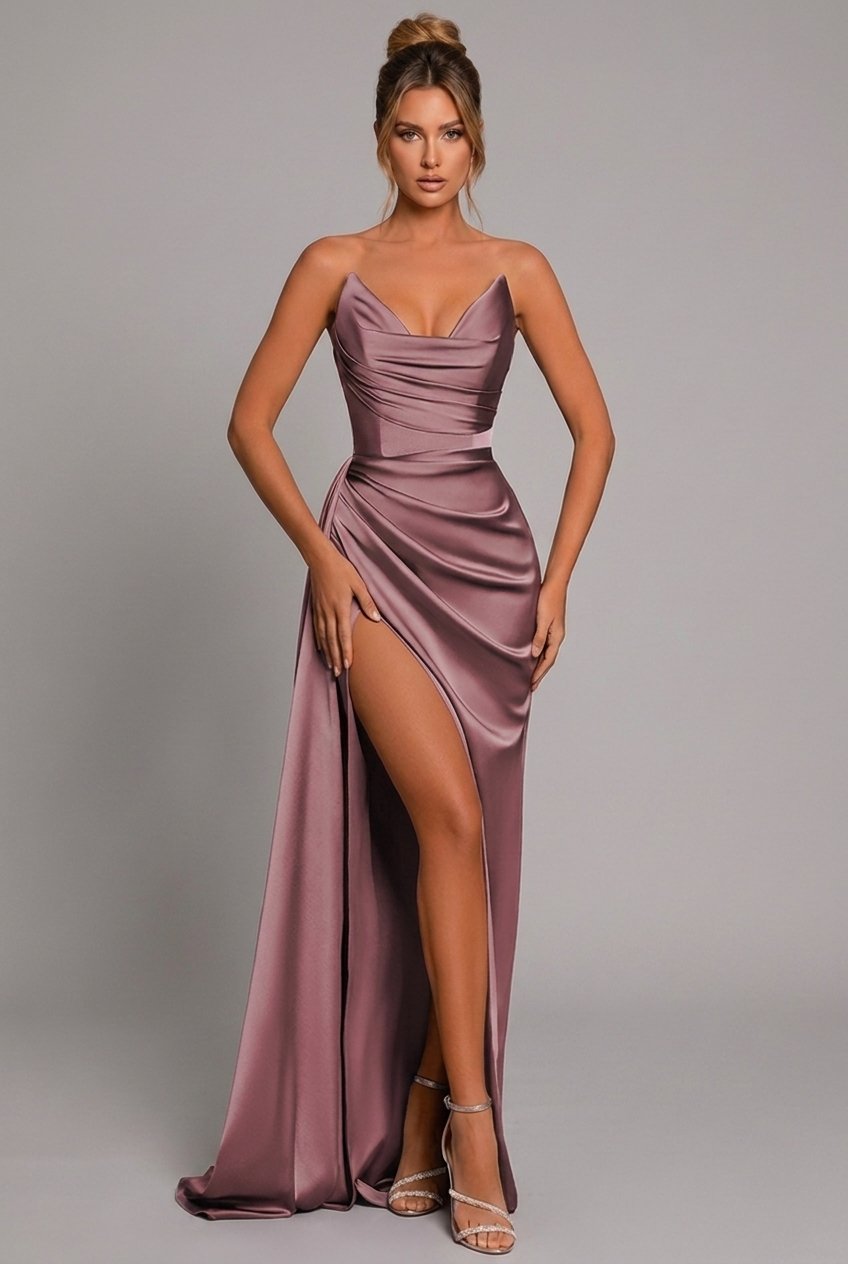 Formal women's strapless maxi dress, elegant ruched bodice for weddings, parties & special events.