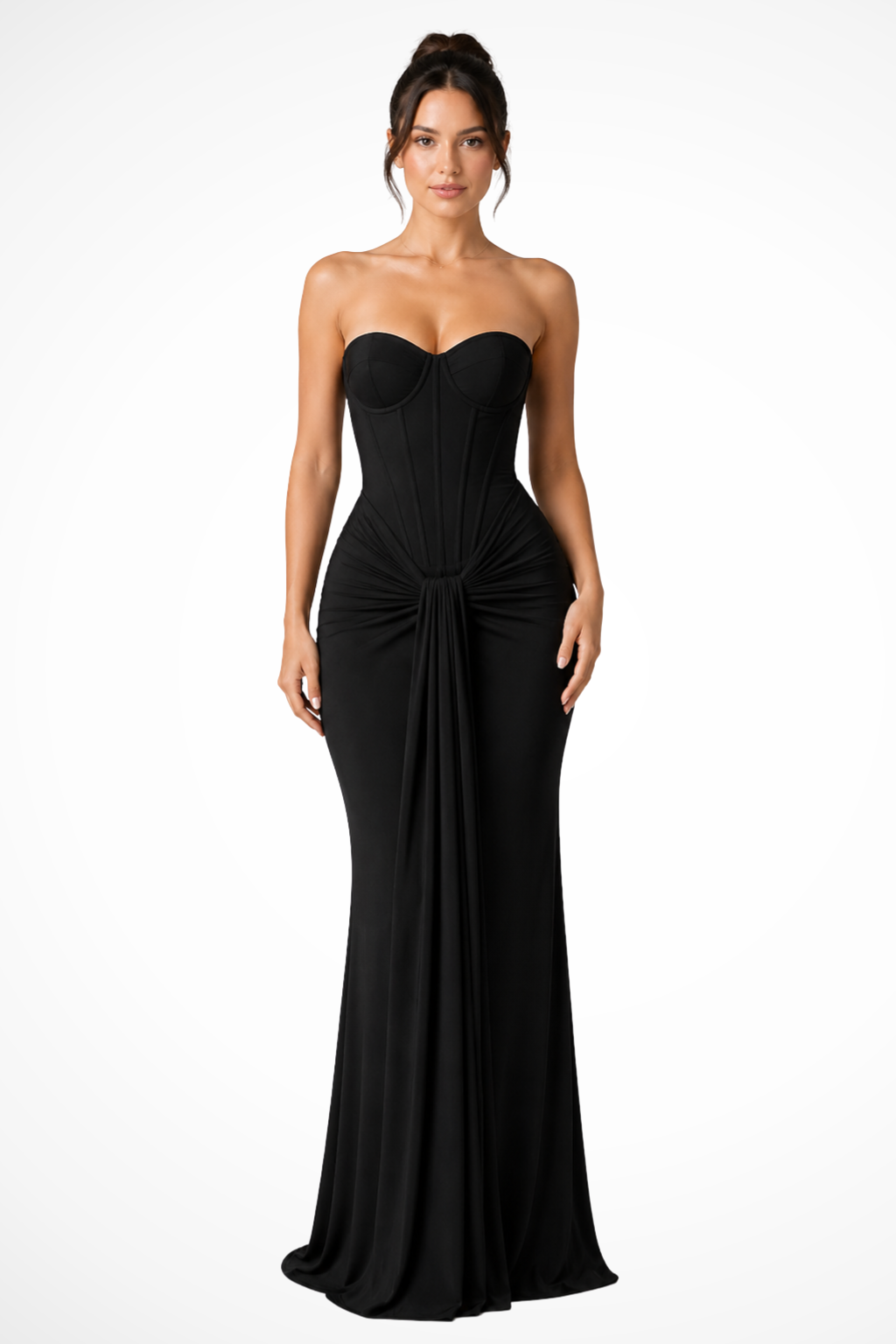 Elegant women's strapless mermaid maxi dress with corset bodice, perfect for evening wear.
